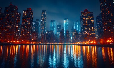 Fototapeta premium Illuminated Cityscape Reflecting on the Water's Surface at Night