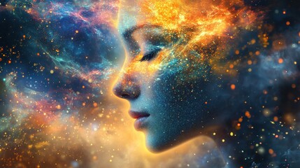 A digital art piece featuring a woman's face with a cosmic background.
