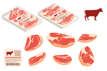 Collection of beef meat cuts. Raw steaks in plastic tray, ready for grocery store selling. Isometric set. Packaged meat products. Red beef food. Vector illustration isolated on white background