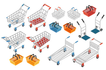 Set of various shopping carts and baskets. Plastic and steel supermarket tools. Warehouse push cart on wheels with handle. Vector illustration isolated on white background © Alfmaler