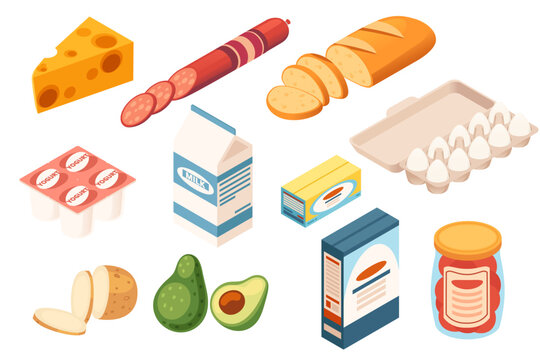 Set of Isometric food assortment. Food in and without packages. Meat, dairy and flour products for supermarkets and grocery stores. Vector illustration isolated on white background