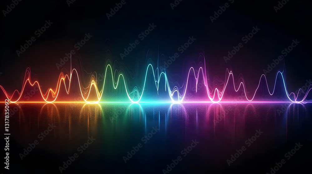 Poster vivid rainbow soundwave visualization with dark background and gradient reflection