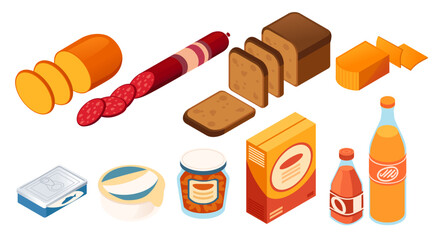 Set of Isometric food assortment. Food in and without packages. Soda, tuna, bread and others for supermarkets and grocery stores. Vector illustration isolated on white background
