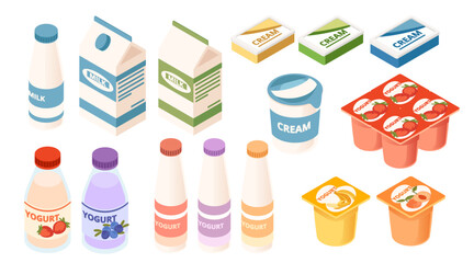 Collection of different dairy products. Yogurt in containers and small bottles, milk in cardboard boxes, cream in carton packages. Colorful dairy products with labels. Vector illustration, isometric