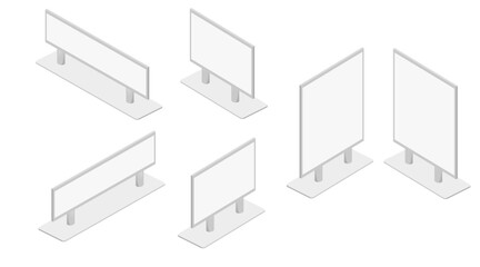 Isometric advertising billboards. The empty billboard framework with supporting poles and display surfaces. Professional marketing platform. Vector illustration isolated on white background