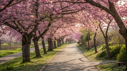 Naklejka premium Cherry Blossom Avenue: A picturesque pathway through an avenue of cherry blossom trees in full bloom, creating a tunnel of pink and white, with soft sunlight casting a gentle glow on the scene.