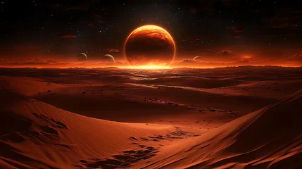 Fototapete A dramatic alien landscape showcasing several celestial bodies and desert terrain © somad