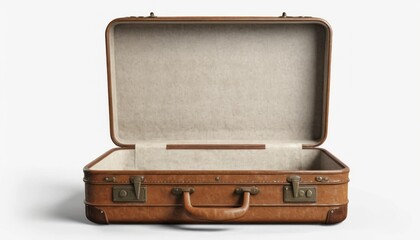 An old vintage brown suitcase with an open lid isolated on a white backdrop