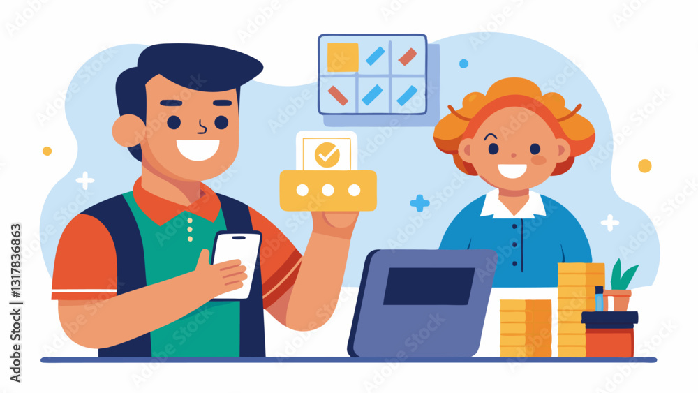 Poster happy cashiers a cashier with a big smile scanning a qr code on a customers phone with dollar signs 
