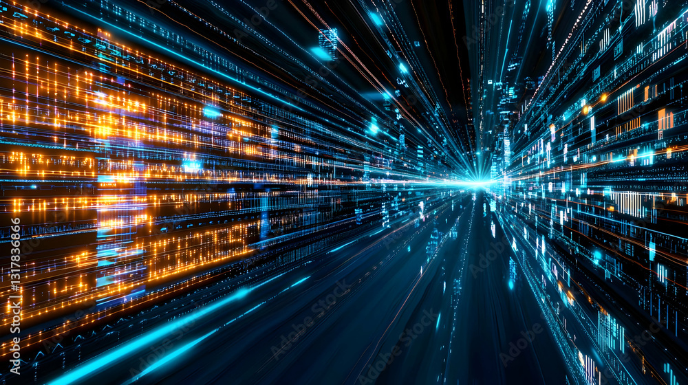 Aufkleber abstract digital data stream with blue and orange lights forming dynamic geometric tunnel