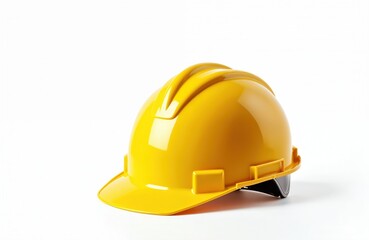 Yellow hard hat isolated on white background. Safety helmet for industrial construction worker, engineer, builder. Head protection gear for job site, manufacturing plant. Headwear equipment ensures