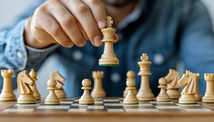 In a captivating close-up, a man is deeply engrossed in a strategic game of chess, his brow furrowed in concentration as he contemplates his next move, the chessboard before him a battleground of