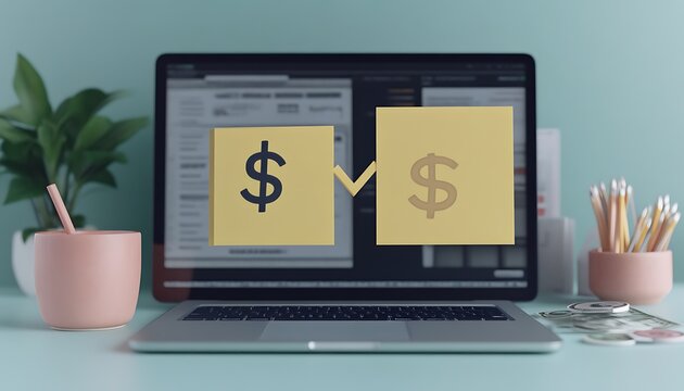 A laptop with money transfer symbols and desk accessories - Powered by Adobe