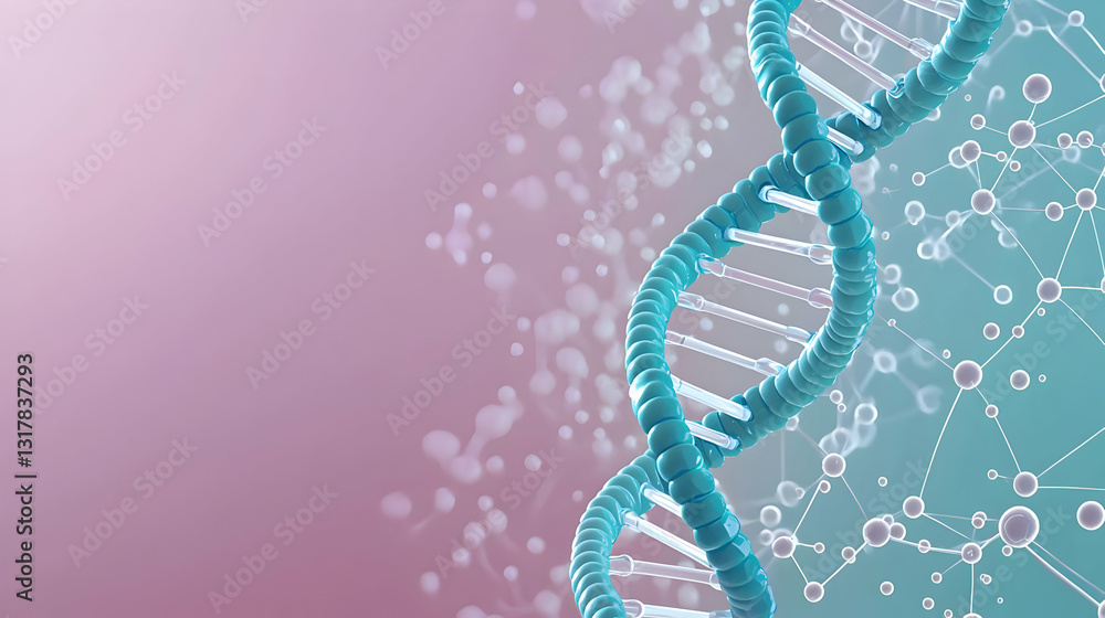 Poster 3d rendered dna double helix structure against pink and teal gradient background with molecular data