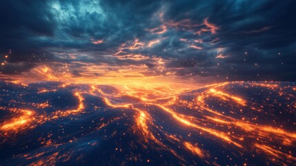 Fototapeta premium A digital rendering of a fiery landscape at sunset.