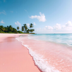 A tropical beach with pink sand that shimmers in different shades in the sun. Azure water gently laps the shore, and tall green palm trees can be seen in the distance, creating a sense of fairytale, b
