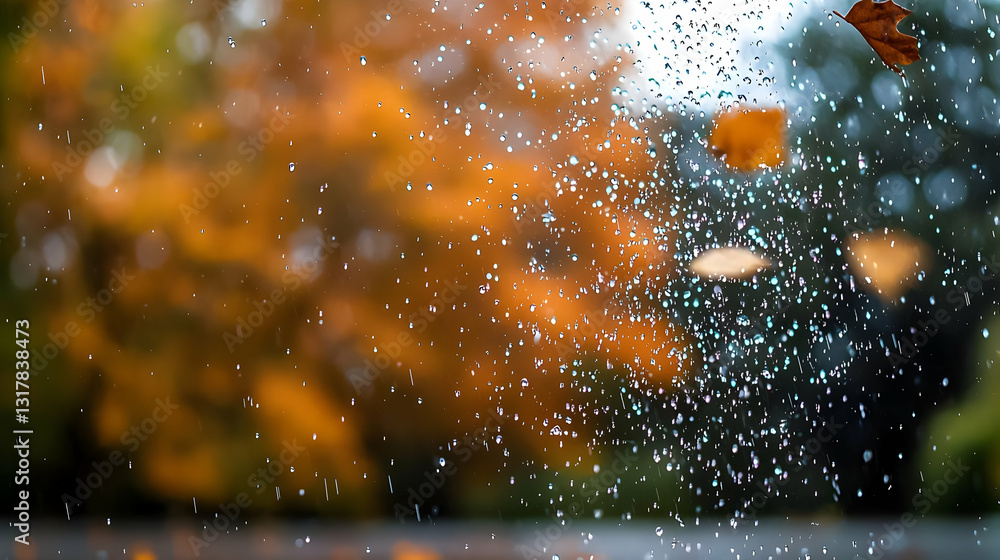 Poster glittering rain drops against blurred autumnal background with colorful bokeh effect and falling lea