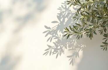 Olive tree leaves shadows over white wall. Summer sun light overlay, empty copy space. Mediterranean nature background, natural sunny composition, minimal design for banner. Vacation, travel