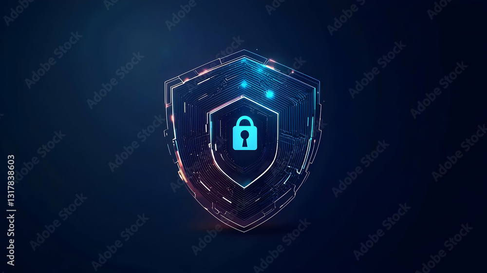 Poster abstract digital shield with padlock icon on blue background representing data protection and cybers