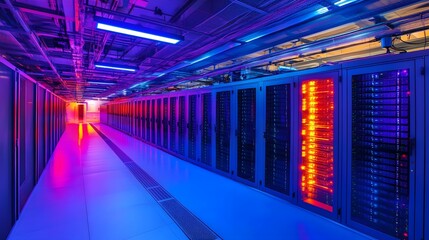 Digital Fortress: A cutting-edge data center bathed in vibrant blue and red hues, showcasing rows of servers and racks. A modern, secure environment