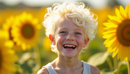 Happy child with curly hair in sunflower field. AI image