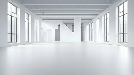 Obraz premium Bright White Interior Hallway With Large Windows And Minimalist Geometric Architectural Design