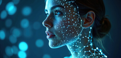 Illustration of woman face depicted as AI neural network. Generative AI female portrait, personification of future tech, robot identity, artificial intelligence, digital avatars and virtual reality.