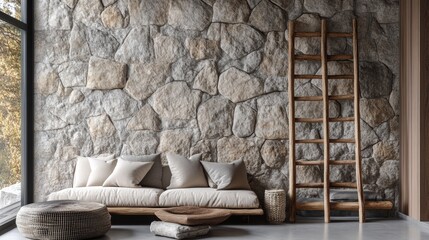 A modern living room with a stone wall, wooden ladder, and white sofa.