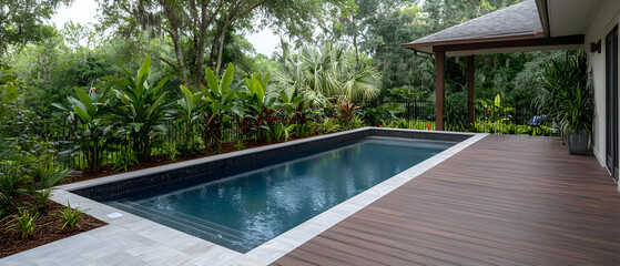 Fototapeta premium Tranquil Backyard Oasis With Deep Blue Rectangular Pool Lush Green Tropical Garden Brown Wooden Deck And Modern Architecture
