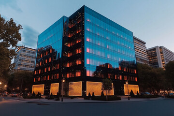 Modernes Glasgeb&auml;ude bei D&auml;mmerung

