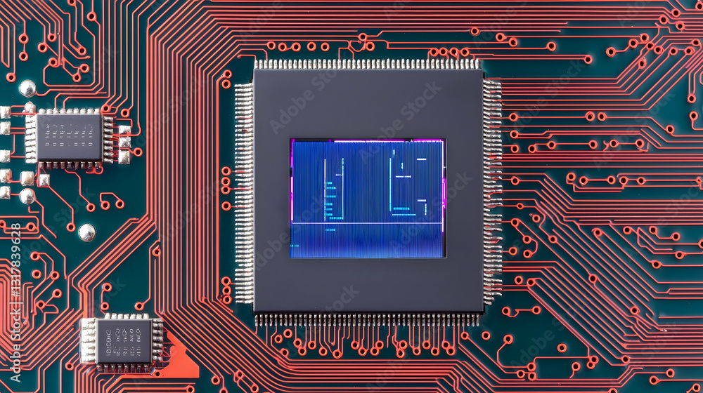 Poster close up shot of a circuit board showing a microchip with blue detail against a red and orange circu