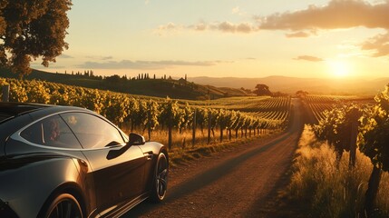 Sunset Drive through Tuscan Vineyard