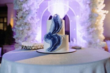 A stunning two-tier cake featuring delicate blue fondant details, beautifully displayed in an...