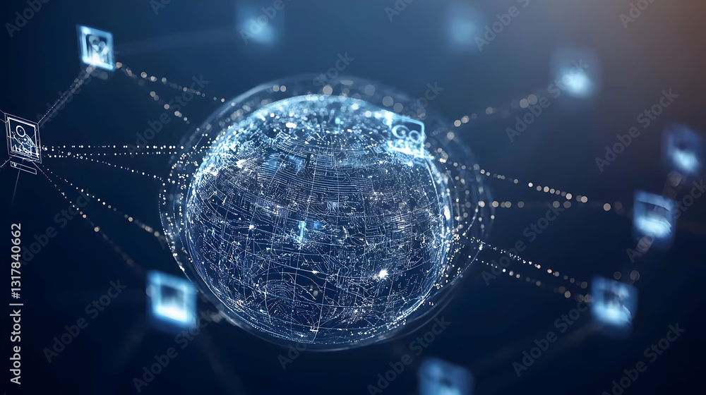 Poster global network connections with futuristic globe and data transfer visualization on blue background