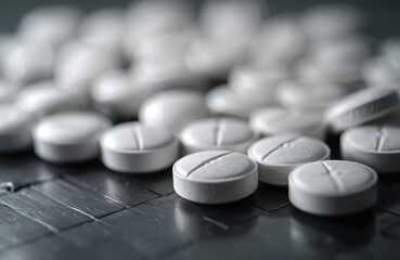 Macro photo of white pills lying on metal table. Healthcare remedy, pharmaceuticals against pain, disease, illness. Medical tablets close up. Concept of drug abuse, addiction, opioid epidemic.