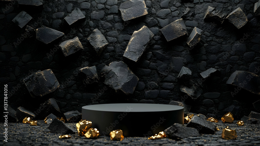 Poster black podium with gold nuggets on a dark stone background in a dramatic and mysterious setting with 