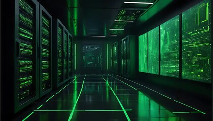 Exploring a Modern Green Lit Server Room with Data Racks