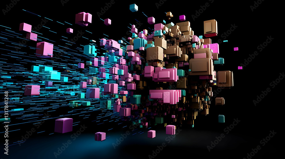 Poster abstract composition of cubes in various colors against a dark background with glowing light trails
