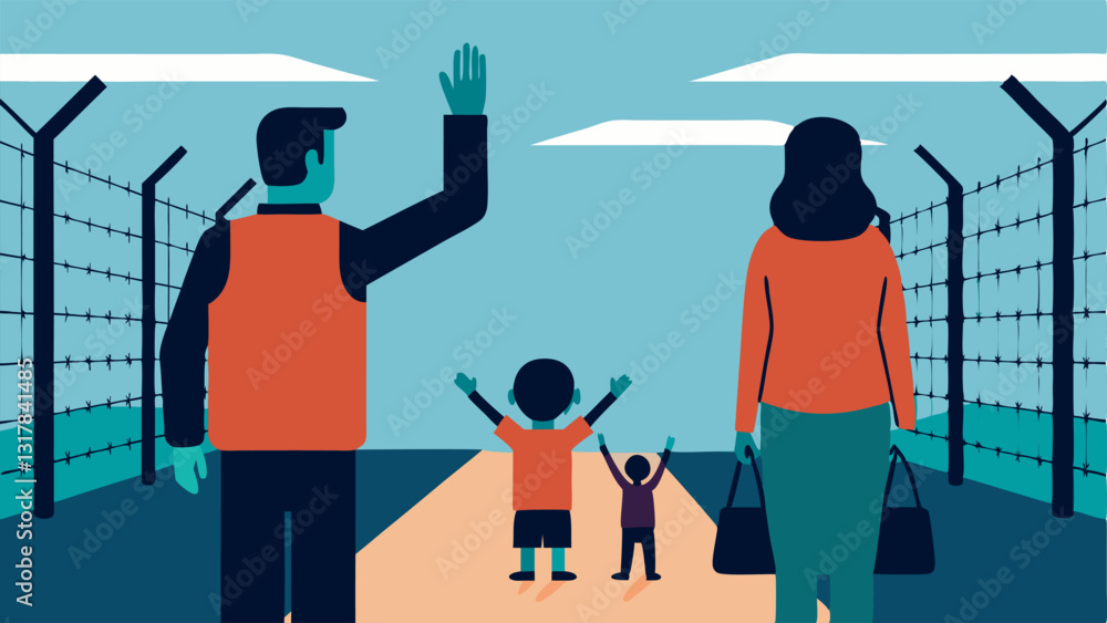 Poster separation a parent waving goodbye to their child at a border checkpoint with guards and barbed wire