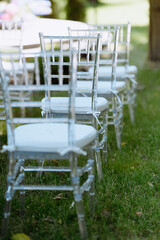 Elegant Transparent Chairs Set Up for an Outdoor Event in a Lush Green Setting