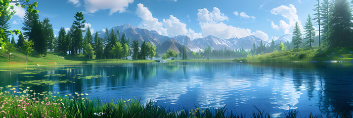 Fototapeta premium Serene Lake with Lush Greenery and Mountainous Backdrop Under Blue Sky and Fluffy Clouds