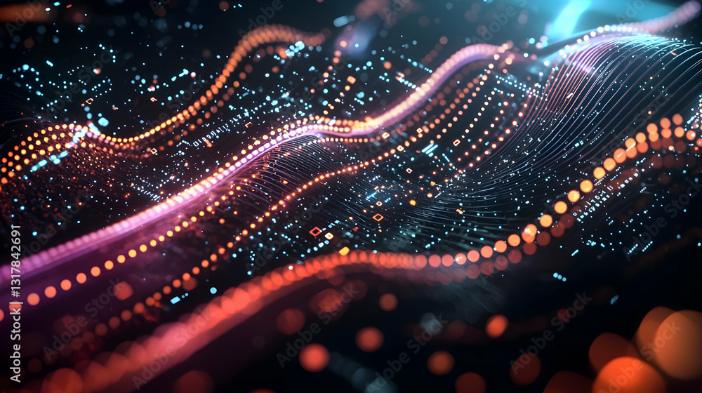Poster abstract background with flowing particles and glowing waves in vibrant colors on a dark background 