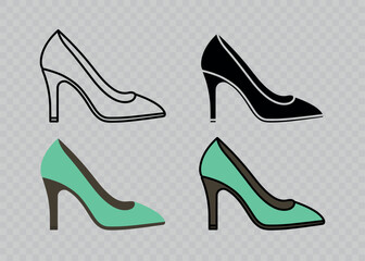 High Heel Shoes In Various Styles. Fashionable Stiletto Footwear Icons For Design, Branding, Apparel. Design Template for Fashion, Shopping, Luxury, Elegant Style Concept. Vector Illustration