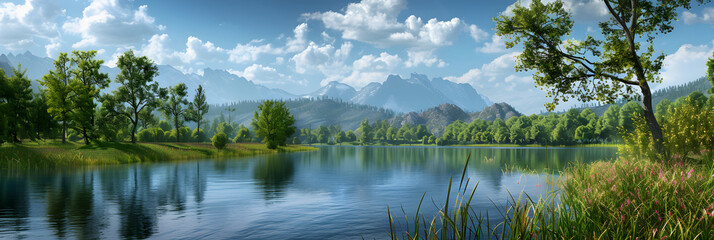 Obraz premium Serene Lake with Lush Greenery and Mountainous Backdrop Under Blue Sky and Fluffy Clouds