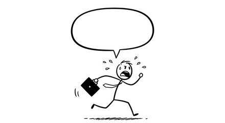 Stick Figure Businessman Running with Briefcase and Speech Bubble Above