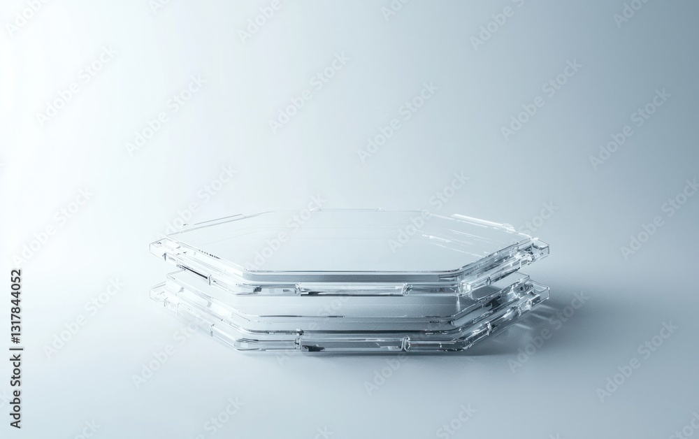 Poster stacked hexagonal glass structures on light gray background