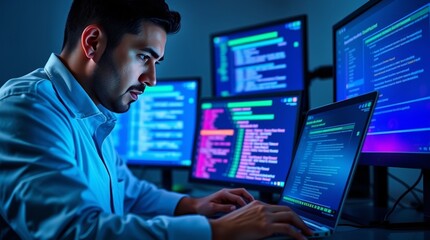 Generative AI. Cybersecurity specialist with calm expression working on a laptop analyzing threat detection software. 