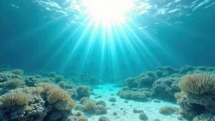 Obraz premium Sunlight streaming through clear ocean water over a coral reef with signs of bleaching 