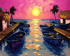 Obraz premium Vibrant Tropical Sunset with Blue Boats along Wooden Pier - Serene Artistry of Ocean View, Palm Trees, and Pink Sky Reflections at Golden Hour