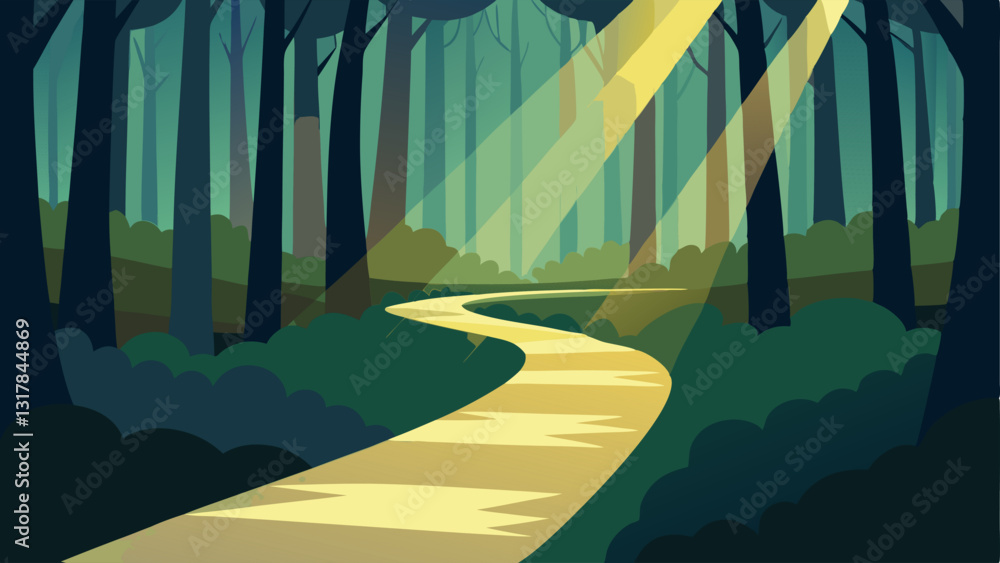 Poster path through a forest a winding path through a dense forest with beams of light shining through the 